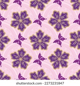 Raza vintage sin fisuras vectorial y resorte violeta con flores y mariposas