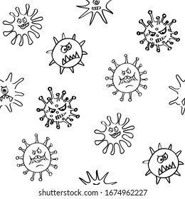 Vector seamless viruses pattern in doodle style on a white background. Texture of monsters with lines.
