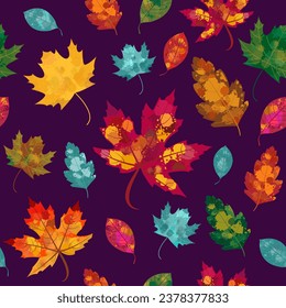 Vector Seamless Vivid Autumn Leaves Pattern on Violet Background. Useful for surface design, packaging design, prints, banners, fabrics, home decor.