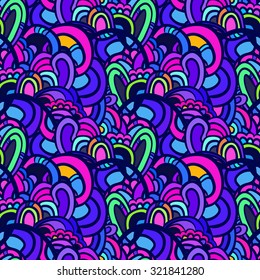 Vector seamless vivid chaotic pattern. Endless hand drawn doodle background.