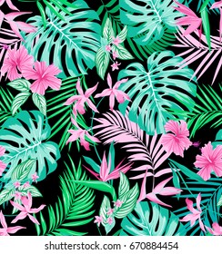 vector seamless vivid tropical pattern with flowers, monstera, areca palm leaf, hibiscus and orchid flowers. Summer multicolor floral allover background design.