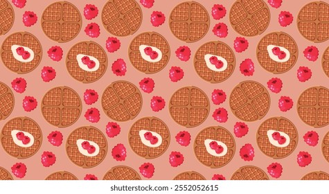 Patrón de waffle sin costuras de Vector. Gofres dulces con frambuesas sobre un fondo beige, para Anuncios, carteles. Estilo simple.