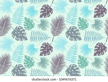 Vector seamless wallpaper with background of decorative tropical foliage in blue shades. Jungle.