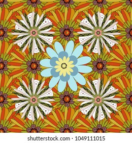Vector seamless wallpaper of black, orange and yellow artistic flowers.