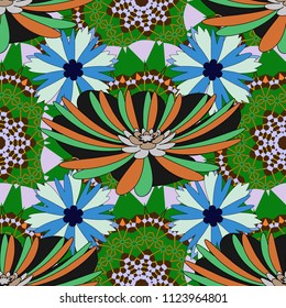 Vector seamless wallpaper of blue, black and green artistic flowers.