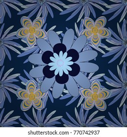 Vector seamless wallpaper of blue, black and yellow artistic flowers.