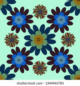 Vector seamless wallpaper of blue, brown and black artistic flowers.
