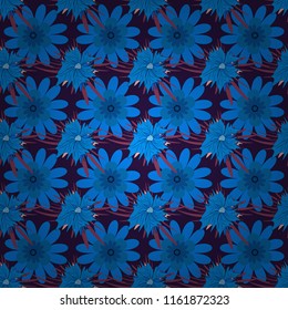 Vector seamless wallpaper of blue, gray and purple artistic flowers.