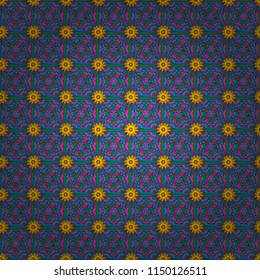Vector seamless wallpaper of blue, green and orange artistic flowers.
