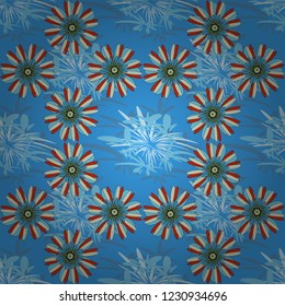 Vector seamless wallpaper of blue, orange and red artistic flowers.