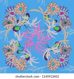 Vector seamless wallpaper of blue, pink and gray artistic flowers.