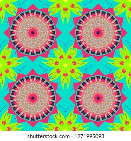 Vector seamless wallpaper of blue, pink and green artistic flowers.