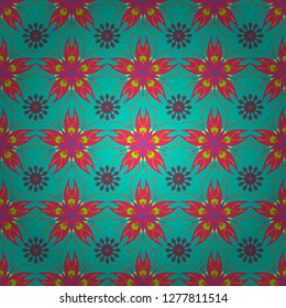 Vector seamless wallpaper of blue, pink and orange artistic flowers.