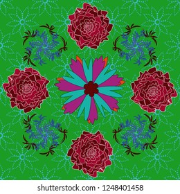 Vector seamless wallpaper of blue, red and green artistic flowers.