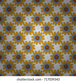 Vector seamless wallpaper of blue, yellow and neutral artistic flowers.