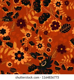 Vector seamless wallpaper of brown, orange and black artistic flowers.