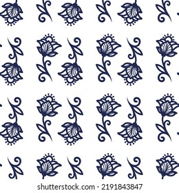 Vector seamless wallpaper. Decorative blue flowers with leaves, on a white background