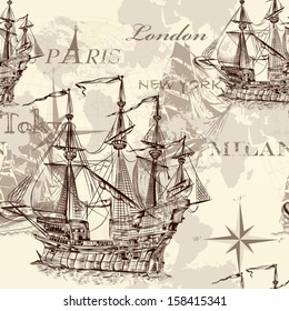 Vector seamless wallpaper design with old-fashioned ship and map