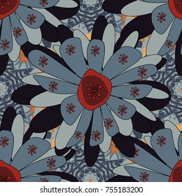 Vector seamless wallpaper of gray, black and blue artistic flowers.