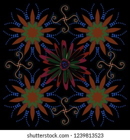 Vector seamless wallpaper of green, black and brown artistic flowers.