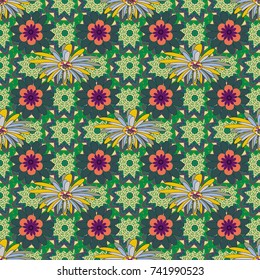 Vector seamless wallpaper of green, blue and beige artistic flowers.