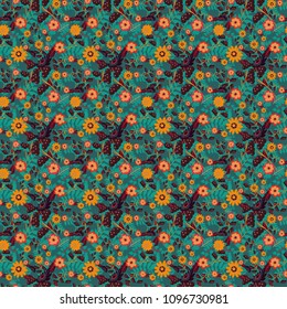 Vector seamless wallpaper of green, brown and blue artistic flowers.