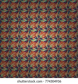 Vector seamless wallpaper of green, orange and blue artistic flowers.