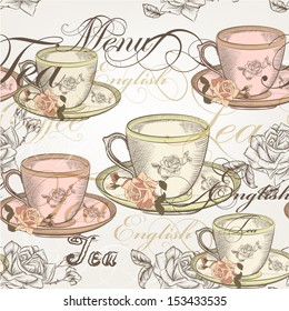 Vector seamless wallpaper with hand drawn cups of tea and roses in vintage style 
