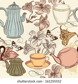 Vector seamless wallpaper with hand drawn cups of tea and lily in vintage style