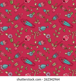 vector seamless wallpaper of herbs, flowers, berries and insects the red background