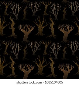 Vector seamless Wallpaper illustration. Thicket of wood in twilight, bushes and trees without leaves from the terrible story or horrors, on a black background.