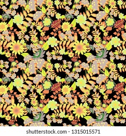 Vector seamless wallpaper of magenta, black and yellow artistic flowers.
