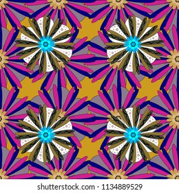 Vector seamless wallpaper of magenta, blue and violet artistic flowers.