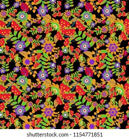 Vector seamless wallpaper of neutral, black and orange artistic flowers.