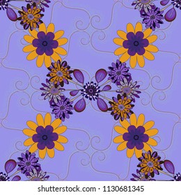 Vector seamless wallpaper of orange, blue and violet artistic flowers.