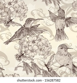 Vector seamless wallpaper pattern with birds and flowers