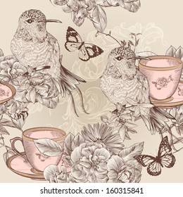 Vector seamless wallpaper pattern with birds and flowers