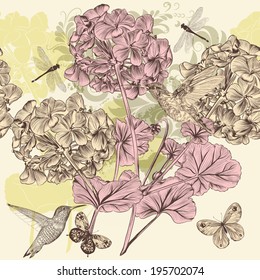 Vector seamless wallpaper pattern with birds and flowers
