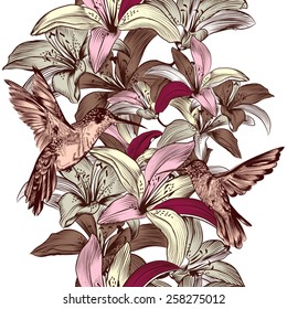 Vector seamless wallpaper pattern with birds and flowers