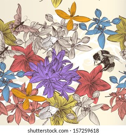 Vector seamless wallpaper pattern with flowers and butterflies
