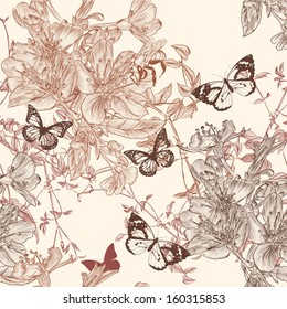 Vector seamless wallpaper pattern with flowers and butterflies