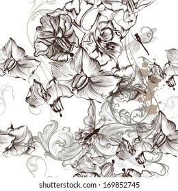Vector seamless wallpaper pattern with hand drawn flowers
