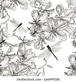 Vector seamless wallpaper pattern with vintage  butterfly and flowers  for design 