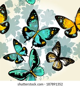 Vector seamless wallpaper pattern with vintage  butterflies for design