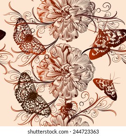 Vector seamless wallpaper pattern with vintage butterfly and flowers  for design