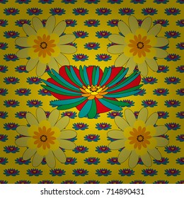 Vector seamless wallpaper of purple, yellow and blue artistic flowers.