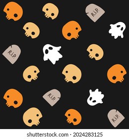 Vector seamless wallpaper with skulls, ghosts and tombstones for Halloween
