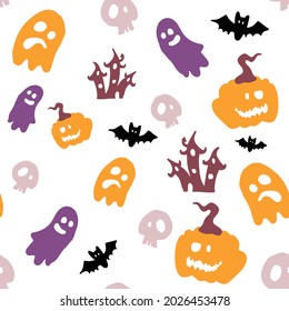 Vector seamless wallpaper with skulls, ghosts and tombstones for Halloween