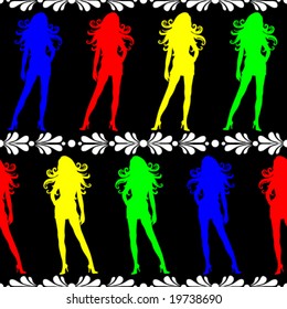 Vector Seamless wallpaper tile women in high heel shoes. Colors blue red yellow green white black.