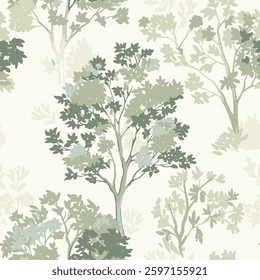 Vector seamless wallpaper of trees. Pastel green colors. Retro pattern.